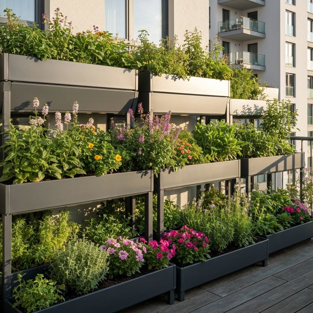 Modular garden beds arranged neatly on a balcony.